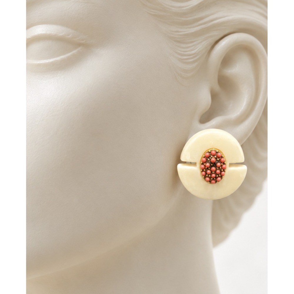 DF Signed Cream Resin Orange Beaded Statement Pierced Earrings Gold Tone 1.25"